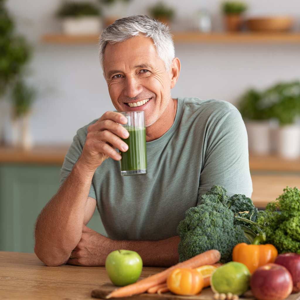 Middle-aged person enjoying natural health support through balanced nutrition and healthy lifestyle