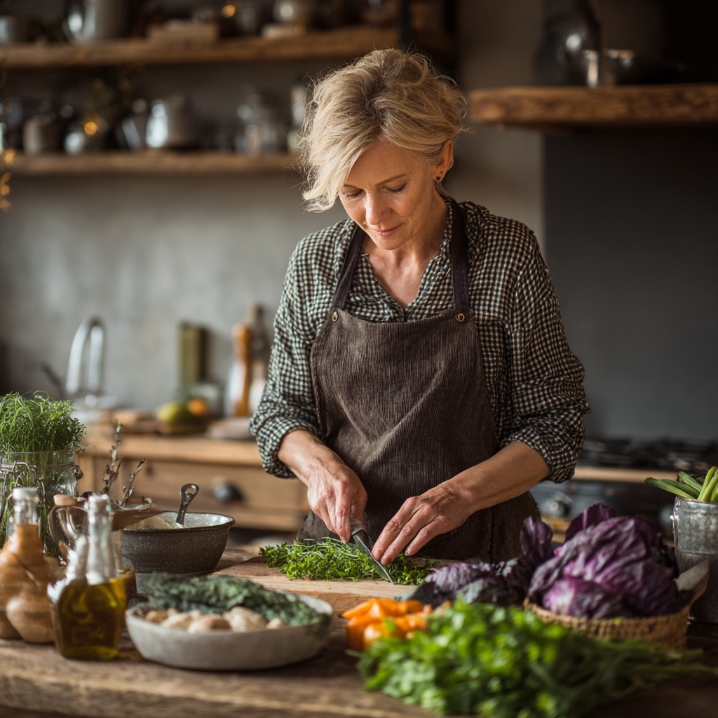 Middle-aged woman preparing healthy nutritious meal with green vegetables and natural ingredients