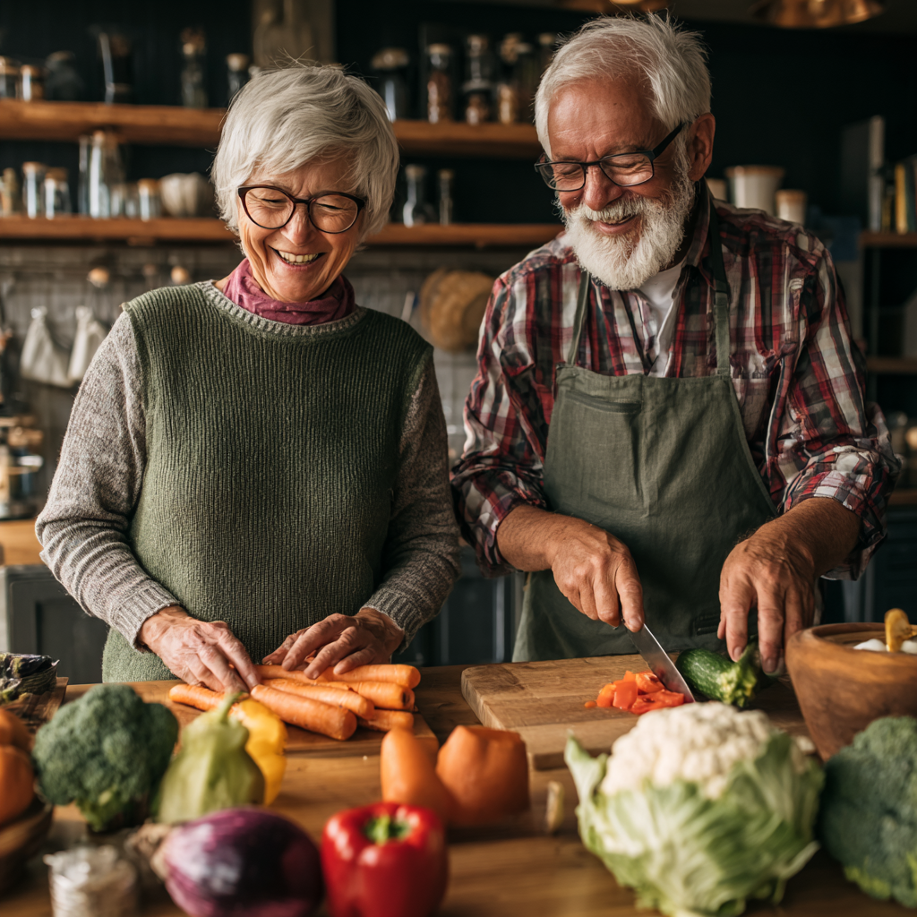 Older adults enjoying daily healthy meals with fresh vegetables and natural ingredients